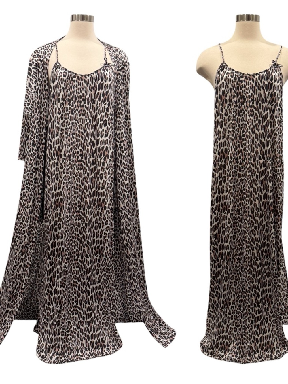 Vintage Vanity Fair Silky Nylon Leopard Print Maxi Gown Slip & Robe 2PC Set M